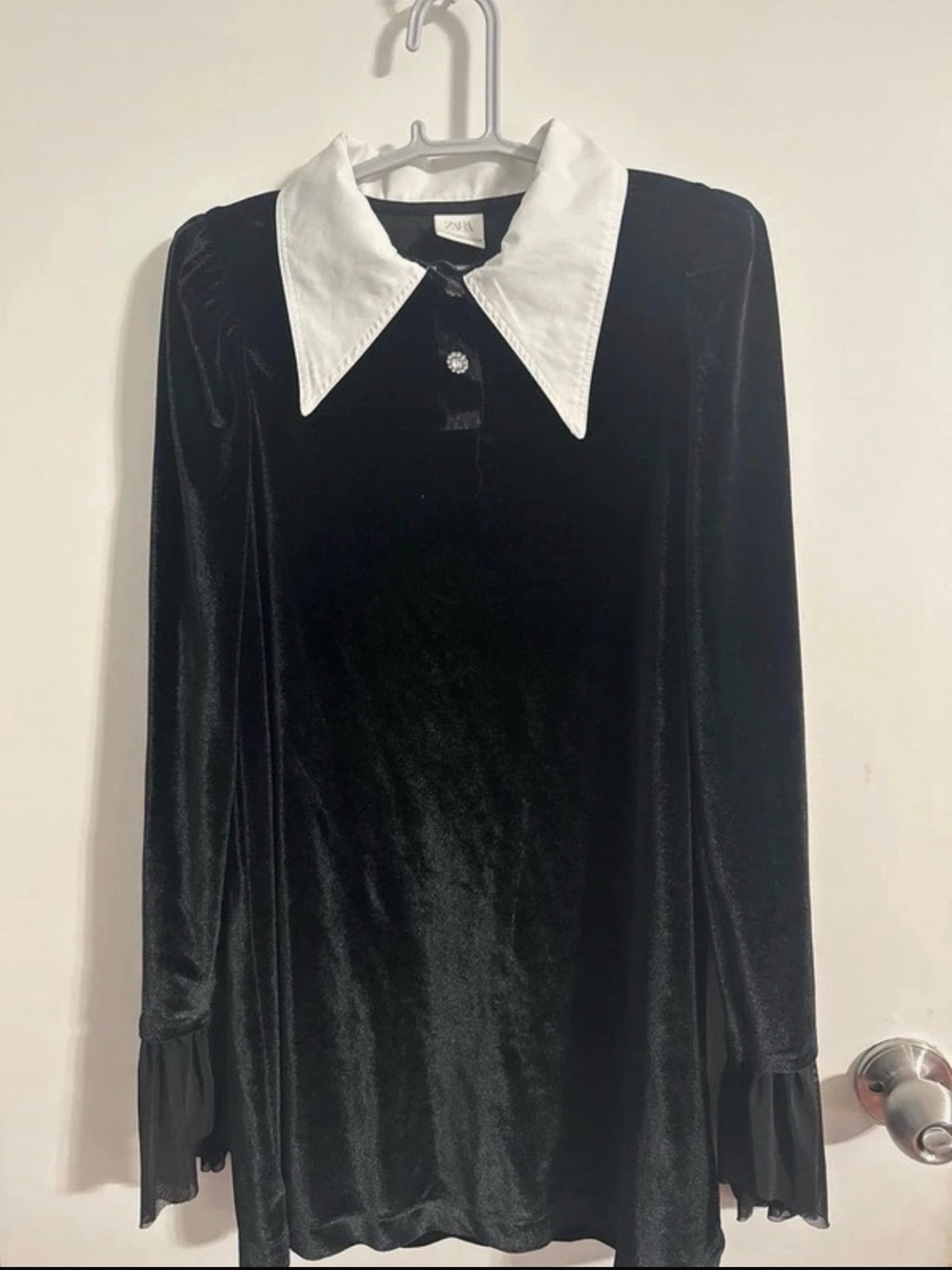 Zara Wednesday Black Velvet Dress with White Pointed Collar